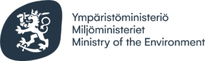 Ympäristäministeriön logo, jossa on nimi todella tummansininsellä ja kuva, jossa leijonahahmo seisoo miekka kädessä.