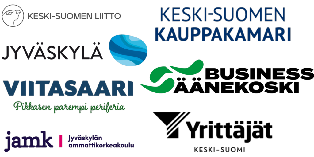 Tunnukset seuraavilta organisaatioilta: Keski-Suomen liitto, Keski-Suomen kauppakamari, Jyväskylän kaupunki, Business Äänekoski, Viitasaari, JAMK, Yrittäjät Keski-Suomi.